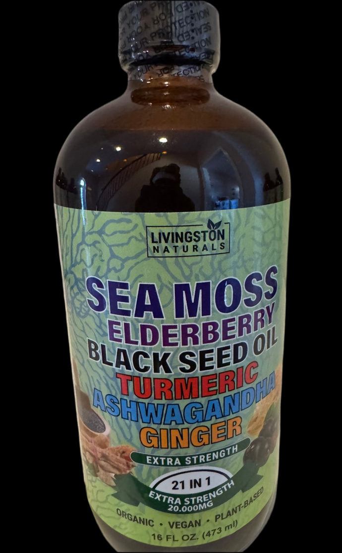 Sea Moss, Elderberry, Black Seed Oil, Turmeric, Ashwaganda, Ginger Bitters